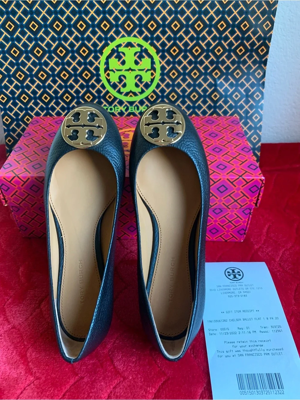 Tory Burch Black Leather Ballet Flats with Gold Logo